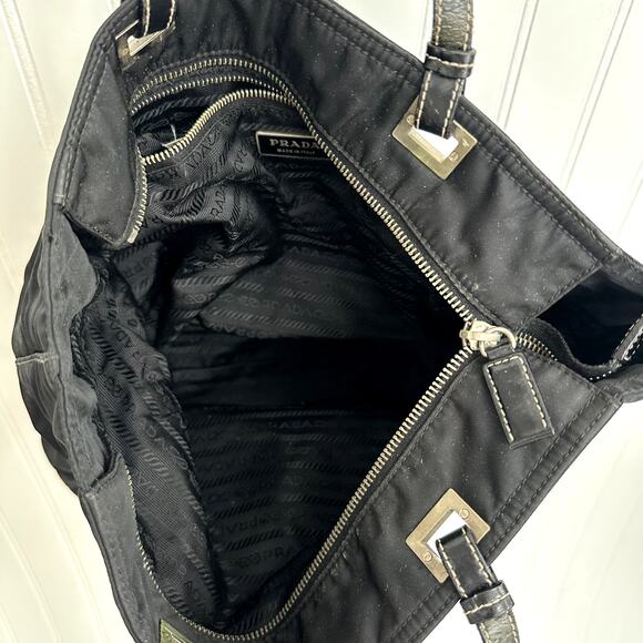 Prada Tessuto Nylon Black Tote Shoulder Shopper Bag Logo Triangle Purse Zip Top - Picture 9 of 10